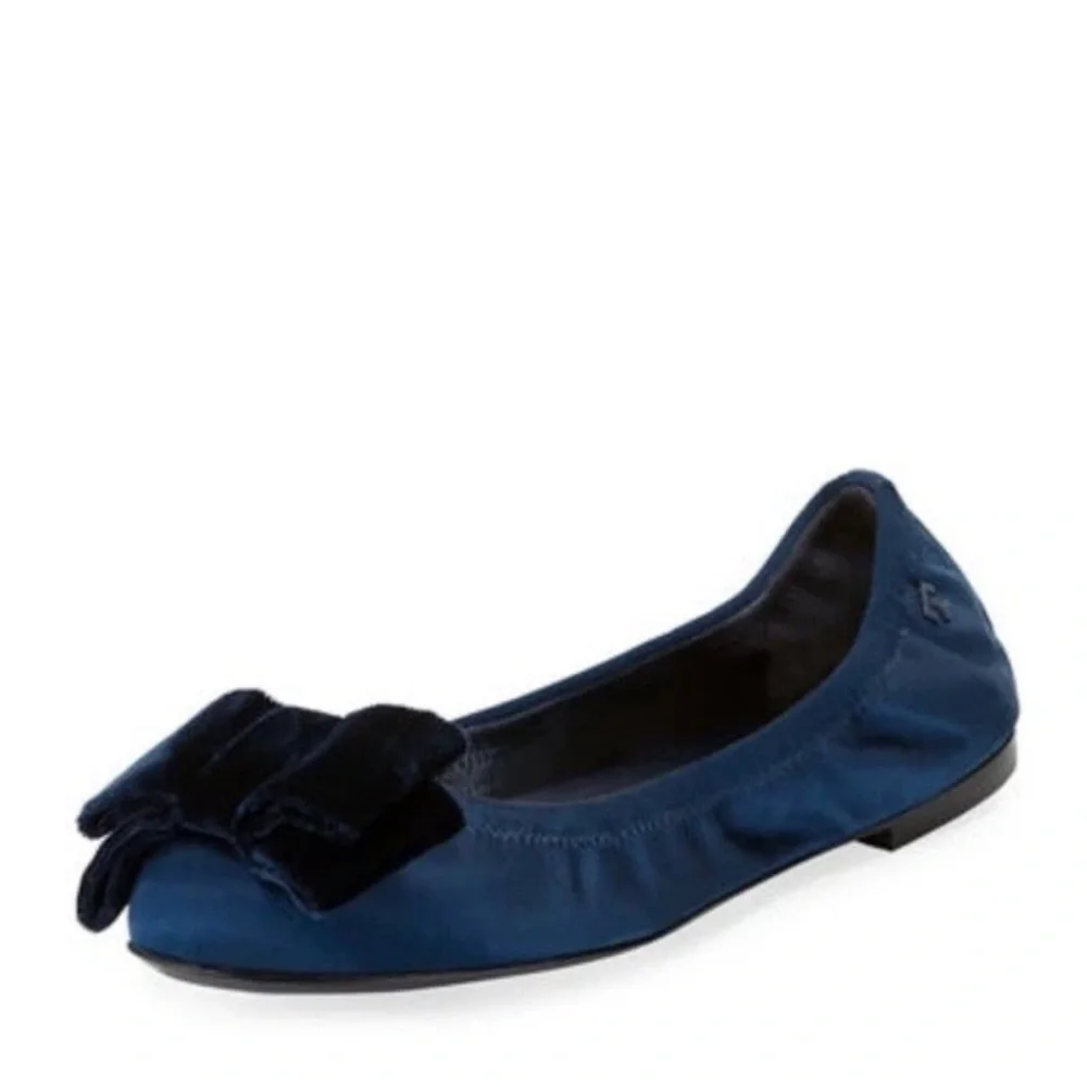 Tory Burch Dark Blue Velvet Bow Ballet Flats